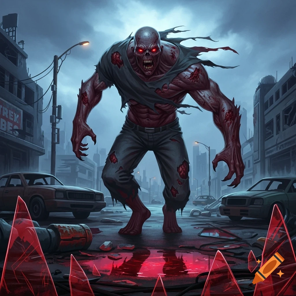 A hulking, red-eyed zombie with exposed flesh and torn clothes stands in a ruined city street with abandoned cars.