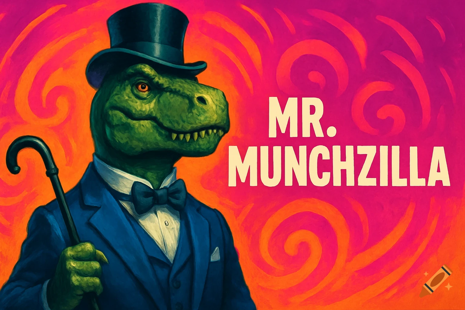 A green dinosaur in a blue suit, bow tie, and top hat holds a cane, standing next to "MR. MUNCHZILLA" on a vibrant orange and pink swirling background.