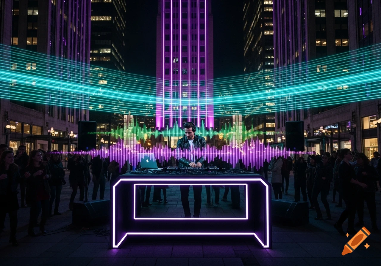 A DJ in headphones plays music at a neon-lit stand in a city street at night, with a crowd and glowing sound waves.