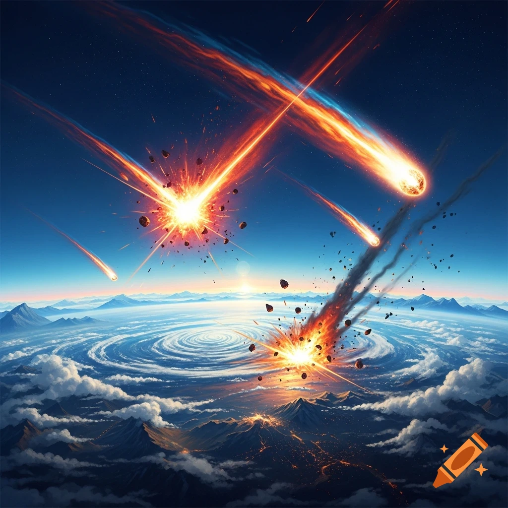 Multiple fiery meteors streak through space, impacting Earth with explosions and a swirling hurricane, mountains and city lights below.