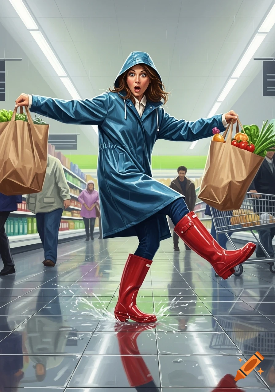 A woman in a blue raincoat and red rain boots slips on a wet supermarket floor, holding two grocery bags.