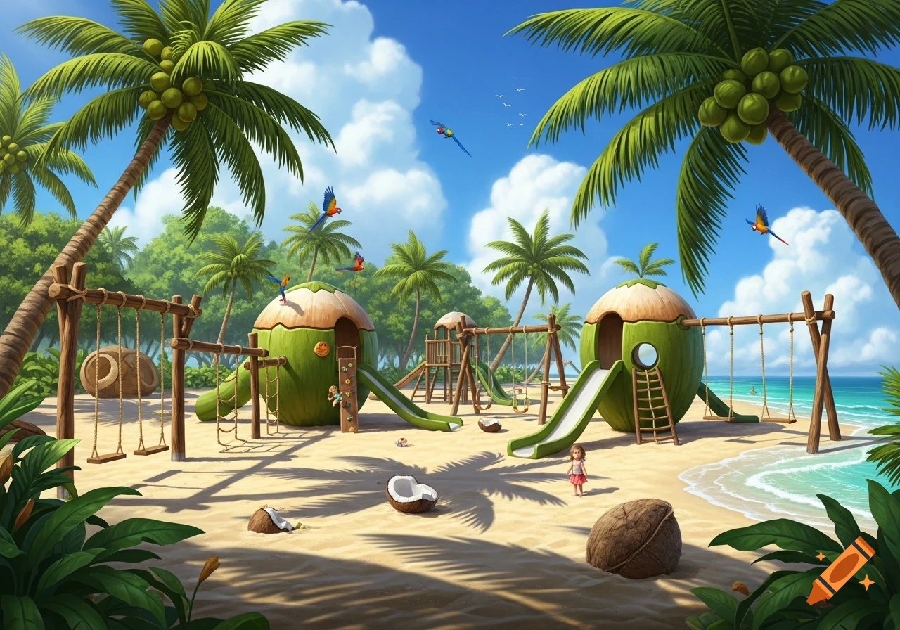 Vibrant cartoon coconut playground on a sandy tropical beach with palm trees, parrots, and a small child.