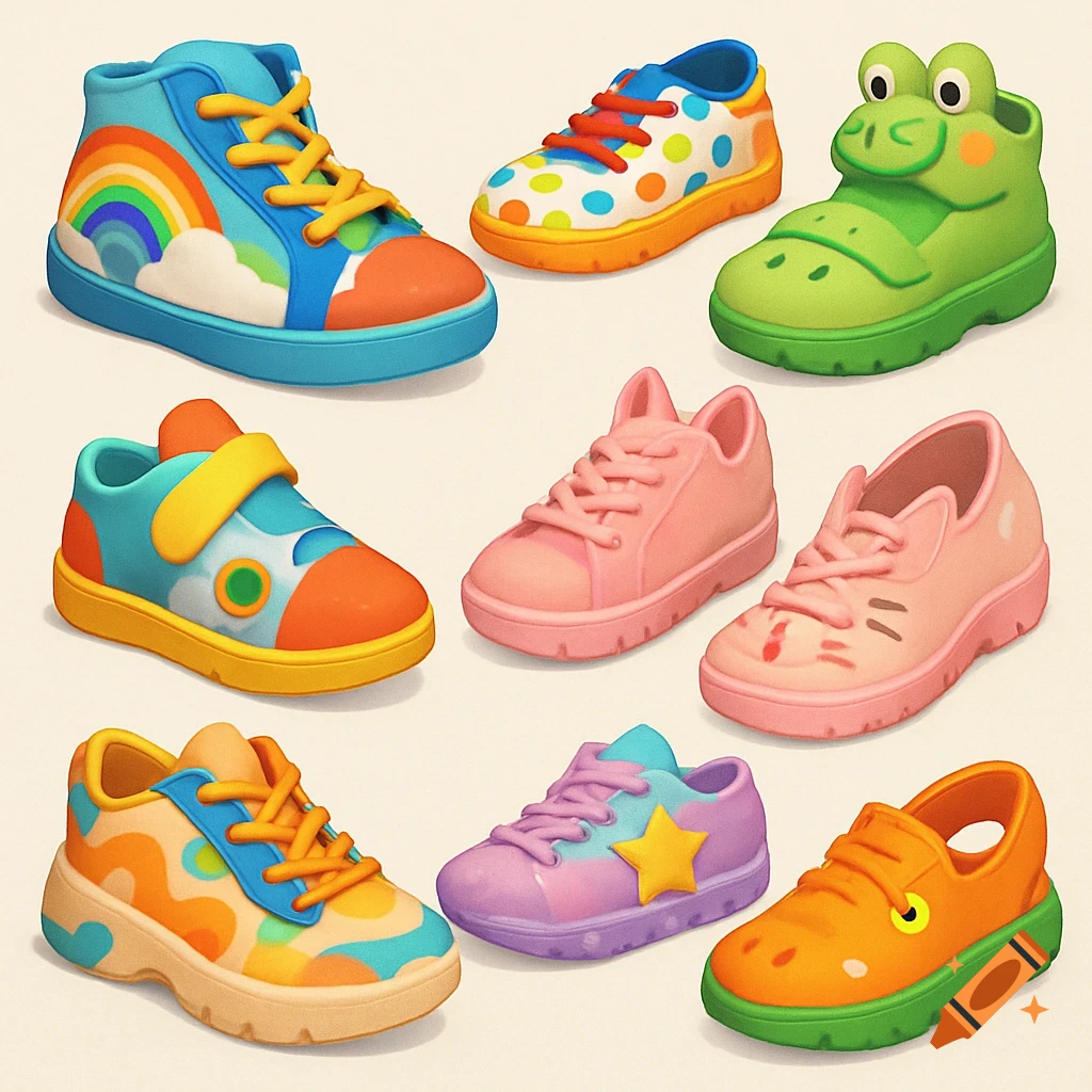 Nine colorful cartoon-style kid's shoes, including a rainbow high-top, a green frog shoe, and various other pink, orange, and purple designs.