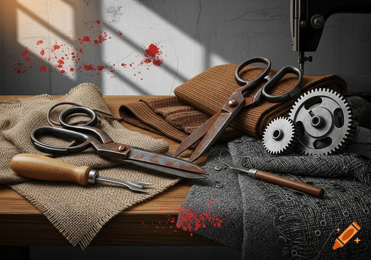 A dark, gritty still life featuring rusted sewing scissors, a seam ripper, fabrics, gears, and a sewing machine, with red splatters on a distressed wall and table, in an industrial style.