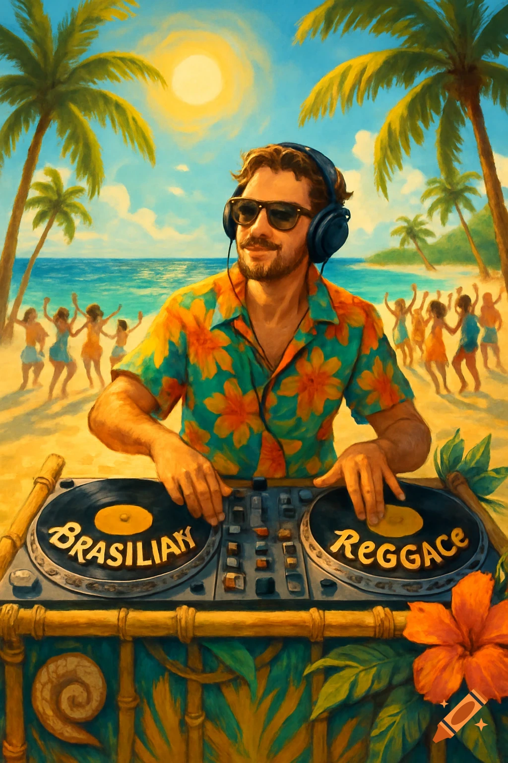 A relaxed DJ with headphones and sunglasses mixes music on turntables at a sunny beach party. People dance under palm trees in a vibrant, painterly style.