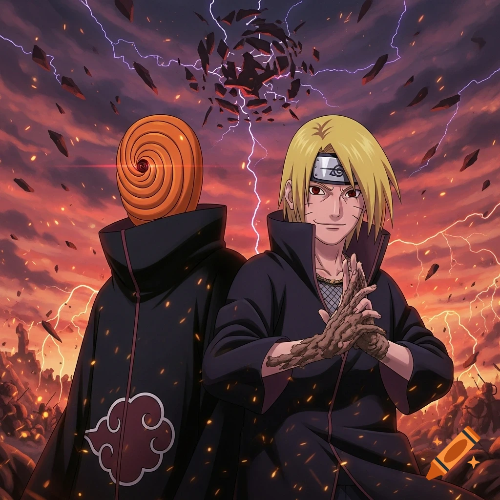 Obito and Deidara from Naruto in Akatsuki cloaks against a fiery, stormy sky with floating debris.