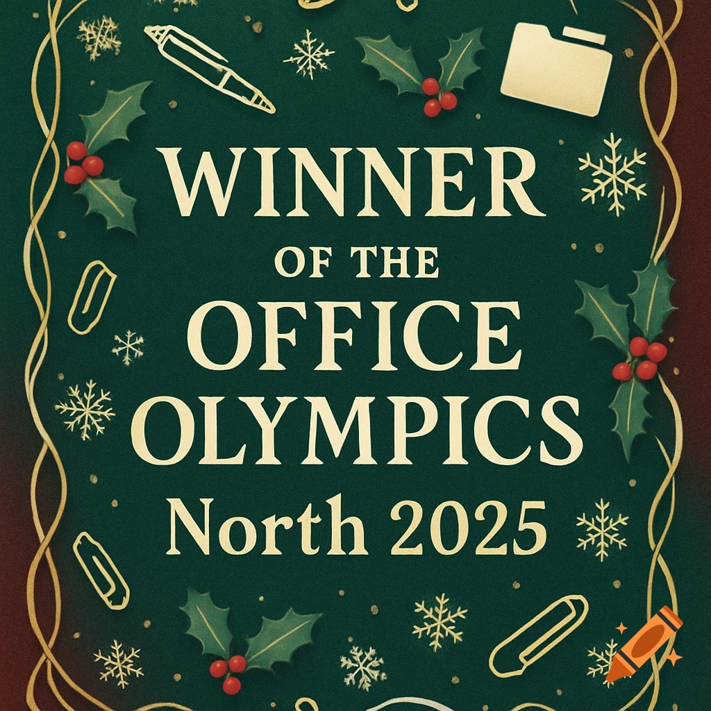 Festive green certificate for 'Winner of the Office Olympics North 2025' with golden ribbon, holly, snowflakes, and office supplies.
