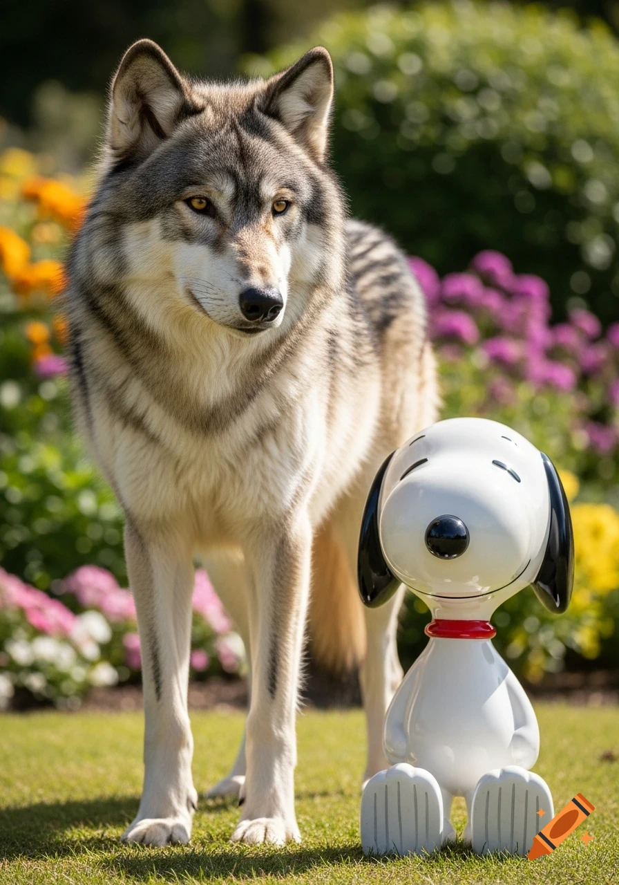 A photorealistic wolf stands next to a white Snoopy statue with a red collar in a vibrant, sunlit garden.