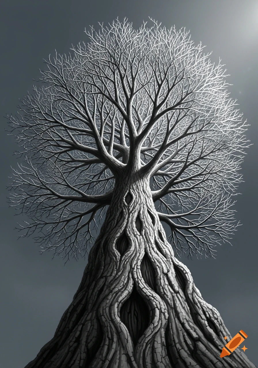 A highly detailed, intricate bare tree with many branches and exposed roots, viewed from below against a dark grey sky.