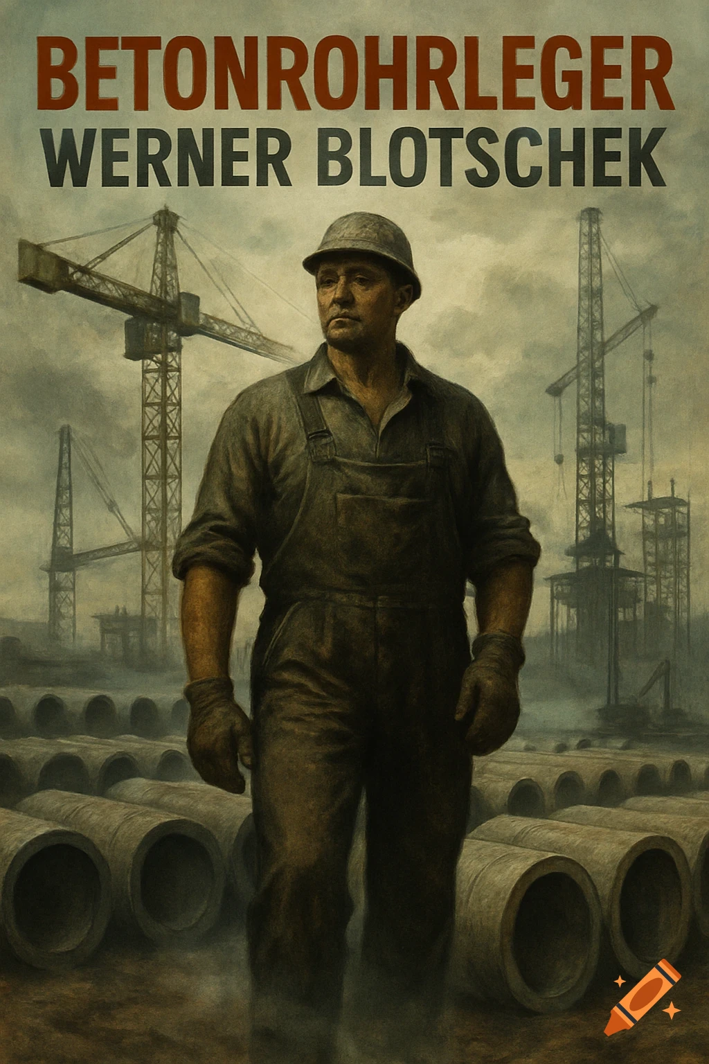 Gritty painting of a construction worker in overalls and hard hat. Title text: "BETONROHRLEGER WERNER BLOTSCHEK".