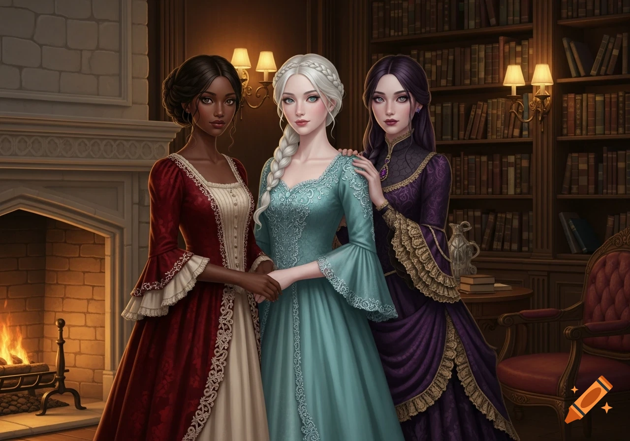 Three women in elaborate Victorian dresses stand in a classic room with a fireplace and bookshelves. The left woman has dark skin, the middle has white braided hair, and the right has dark hair.