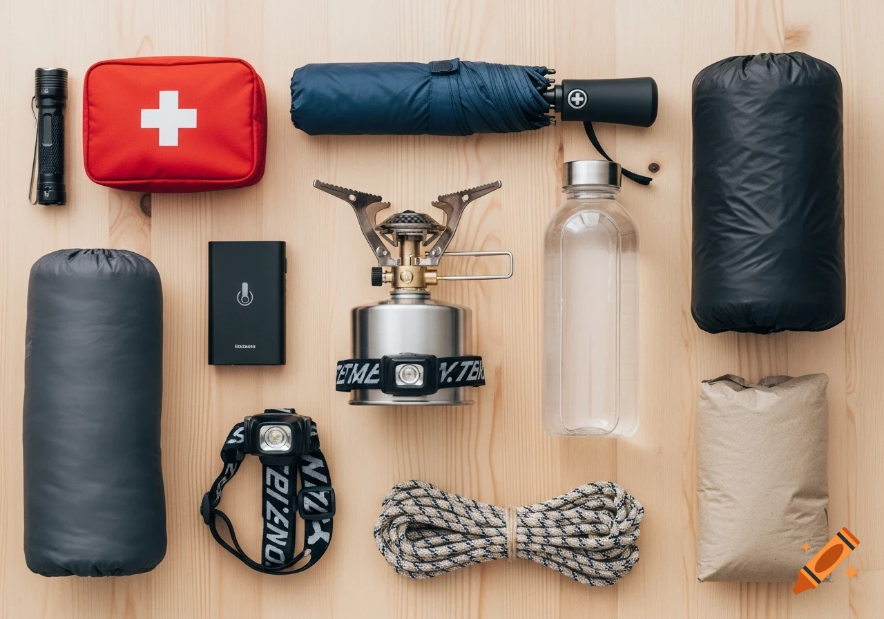 A flat lay of various camping and travel essentials, including a red first aid kit, blue umbrella, flashlight, portable stove, sleeping bags, clear water bottle, power bank, headlamp, rope, and a paper bag, all neatly arranged on a light wooden background.