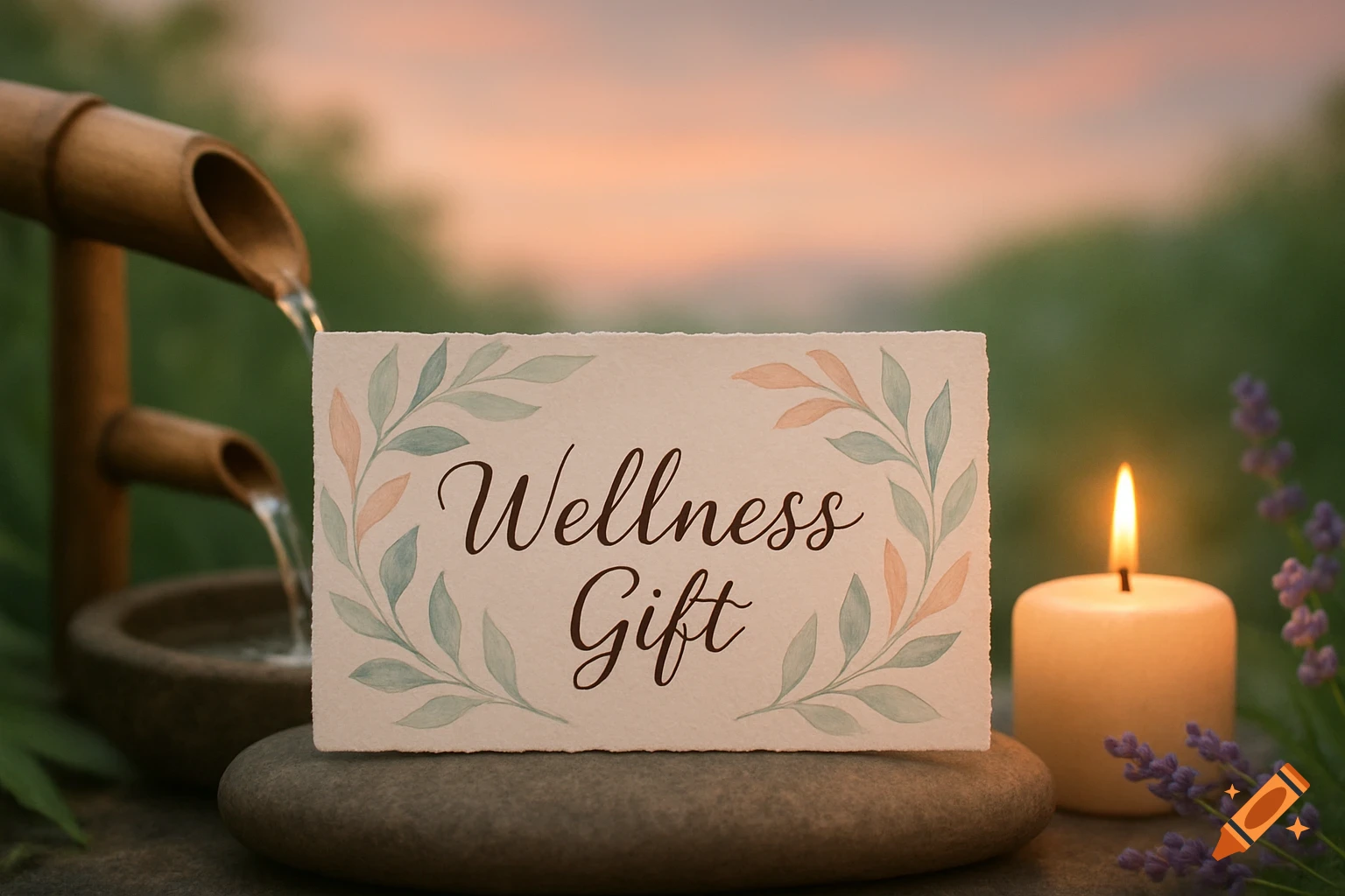 A 'Wellness Gift' card on a stone next to a bamboo water feature, a burning candle, and lavender, against a sunset backdrop.