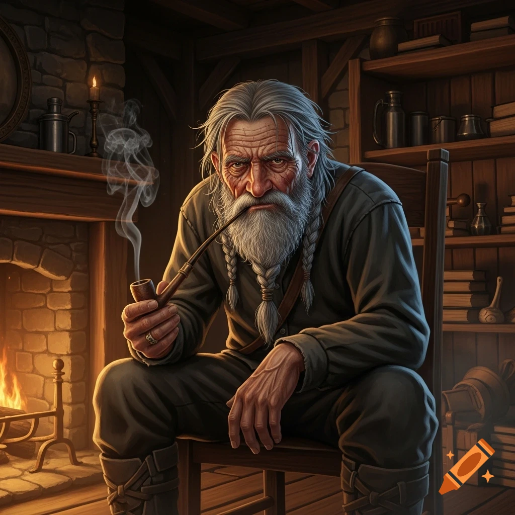A detailed digital painting of an old man with a long white braided beard and a wrinkled face, sitting by a fireplace and smoking a pipe in a rustic room.