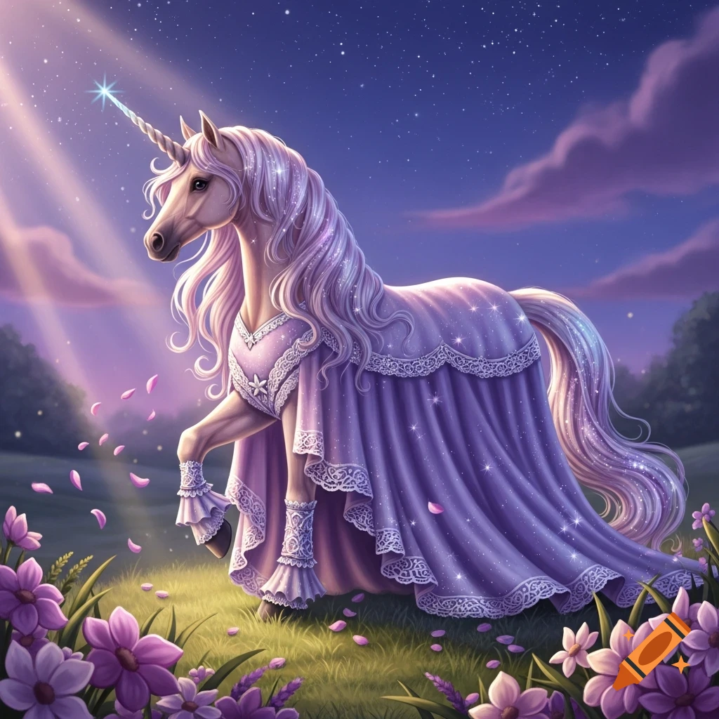 A magical unicorn in a sparkly purple dress and flowing mane stands in a field of purple flowers under a starry night sky.