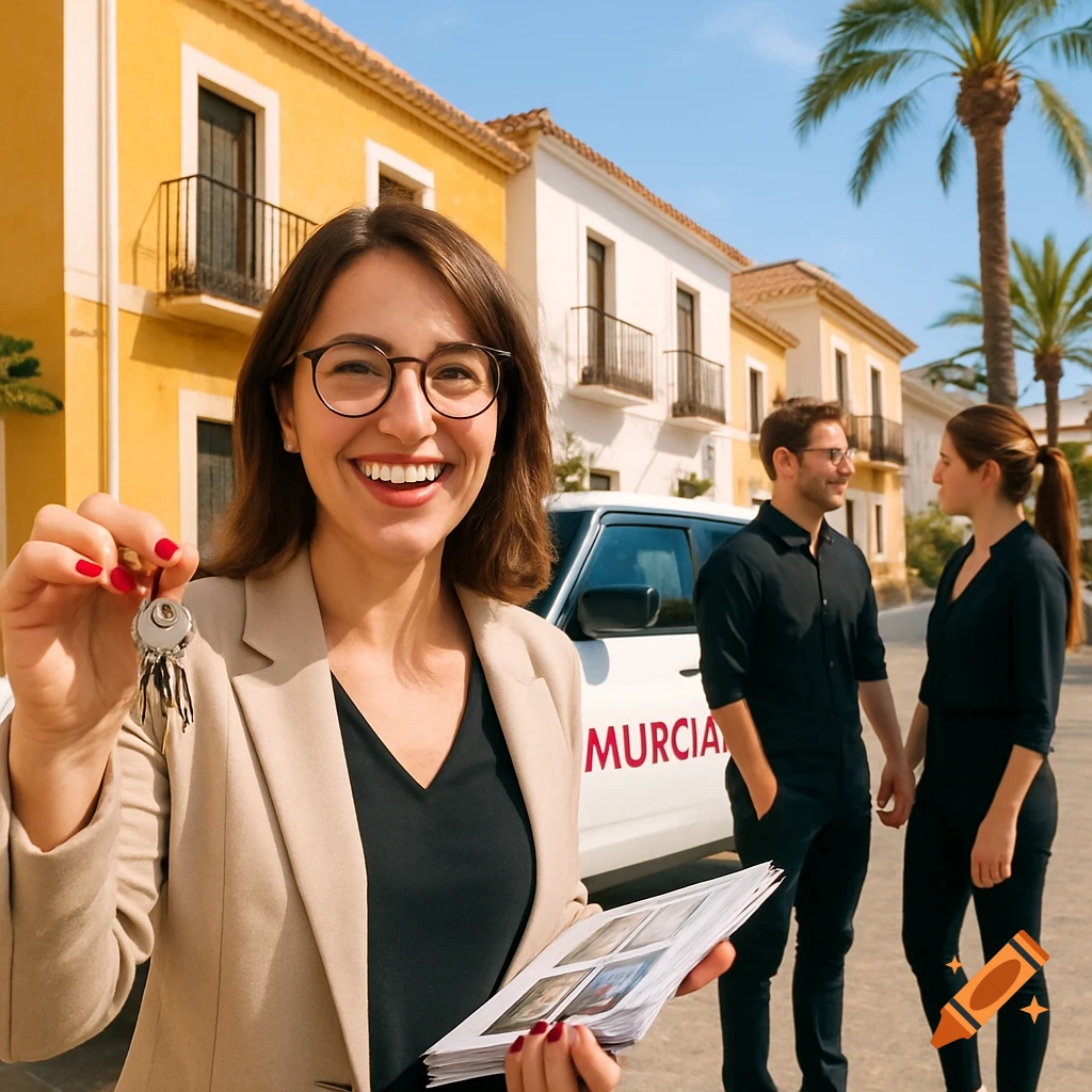 A smiling female real estate agent holds keys and papers, standing with a couple on a sunny street with yellow Spanish buildings.
