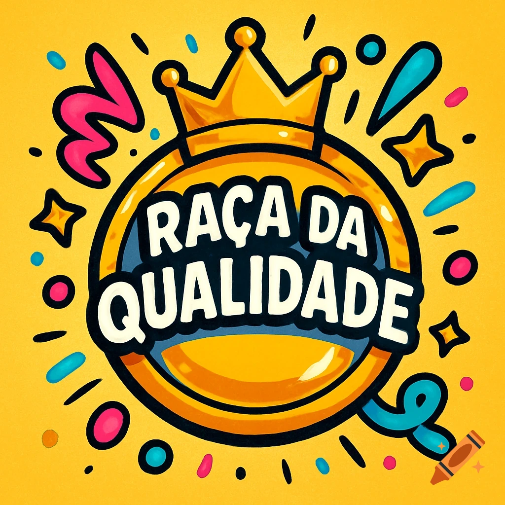 A vibrant cartoon emblem featuring a golden crown atop a shiny badge with the text "RAÇA DA QUALIDADE" (Quality Race), surrounded by colorful confetti.
