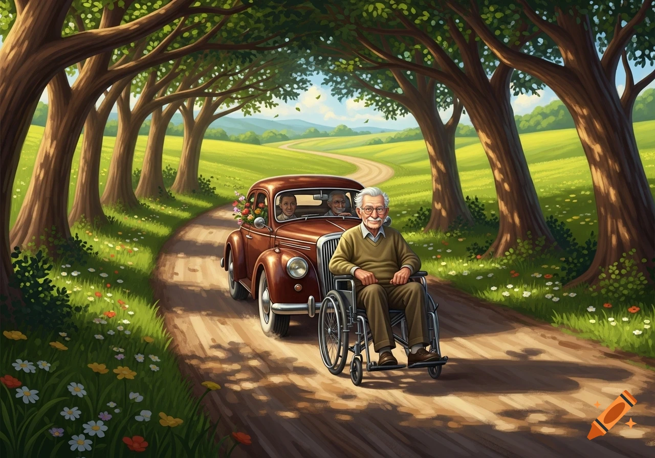 An elderly man in a wheelchair smiles on a dirt road, an old brown car behind him. Lush green fields, trees, and a winding path fill the background.
