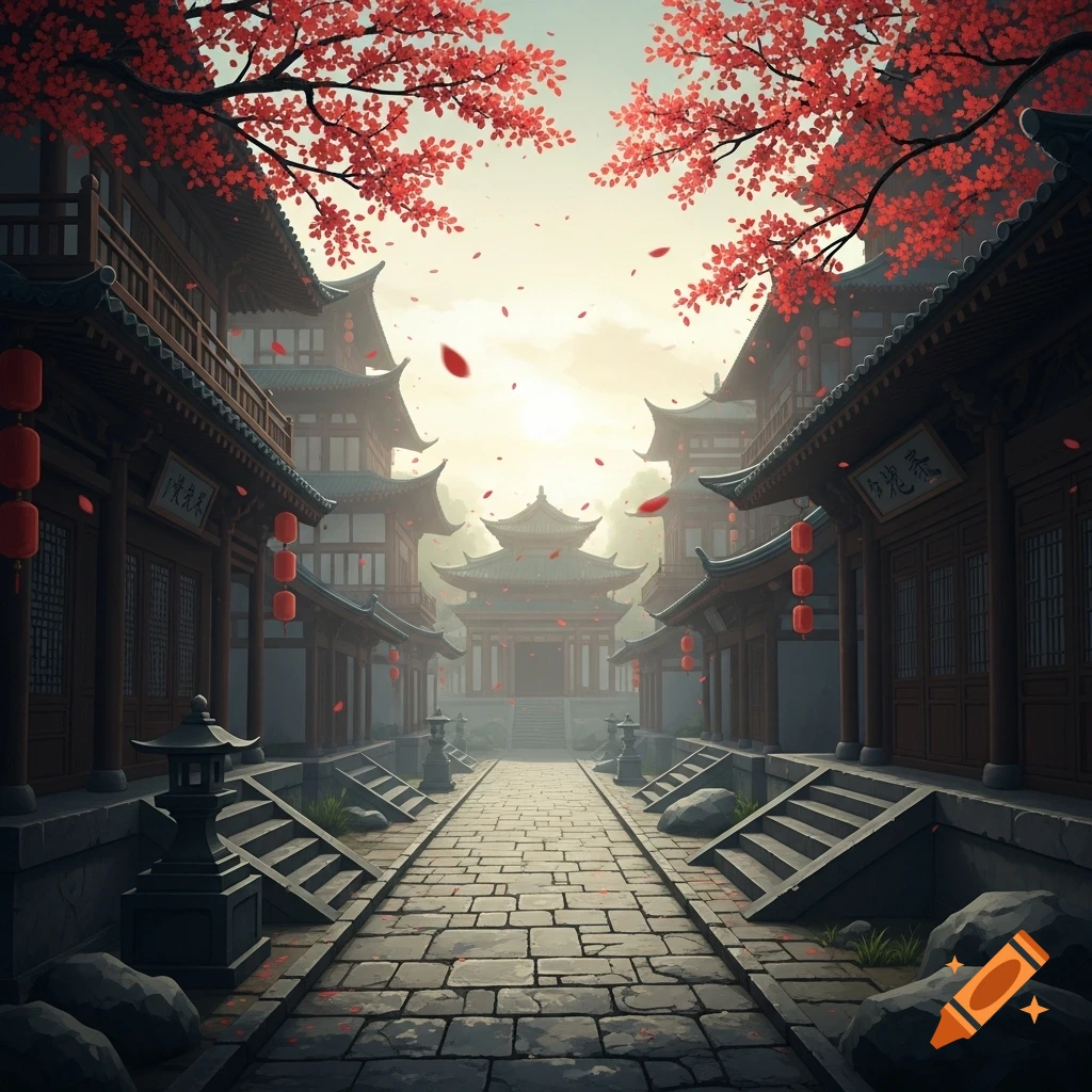 A path through an ancient Asian city lined with traditional buildings and red maple leaves falling from overhead trees, leading to a distant temple.