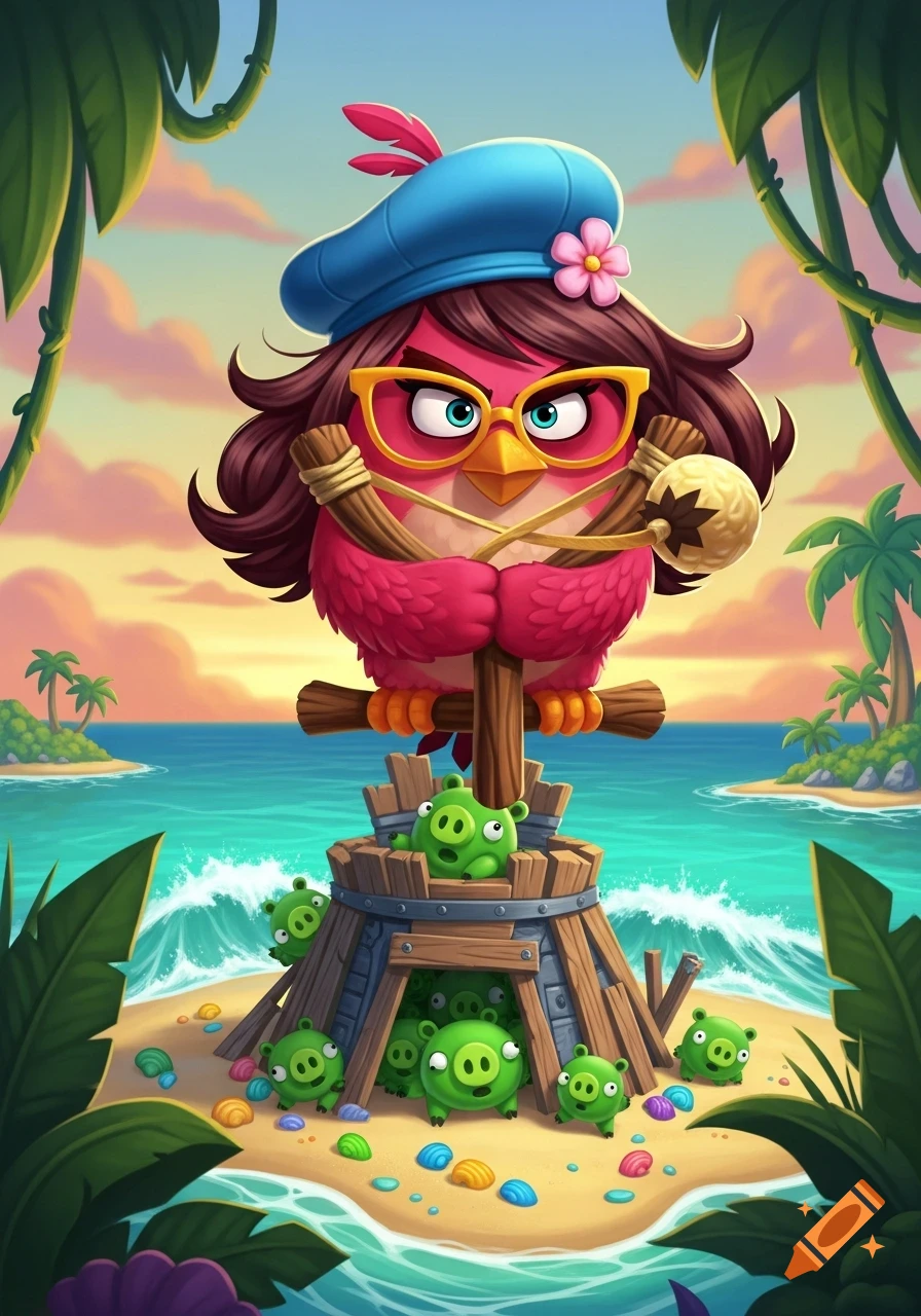 A cartoon pink Angry Bird in a blue beret and yellow glasses, pulling a slingshot, aiming at green pigs on a tropical beach.