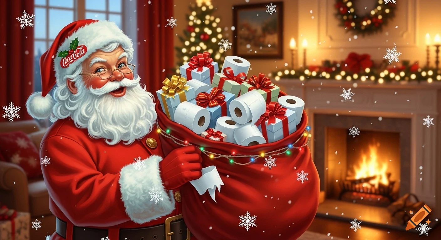 Santa Claus smiles, holding a large red bag filled with toilet paper rolls and wrapped gifts in a festive Christmas living room with a fireplace and Christmas tree.