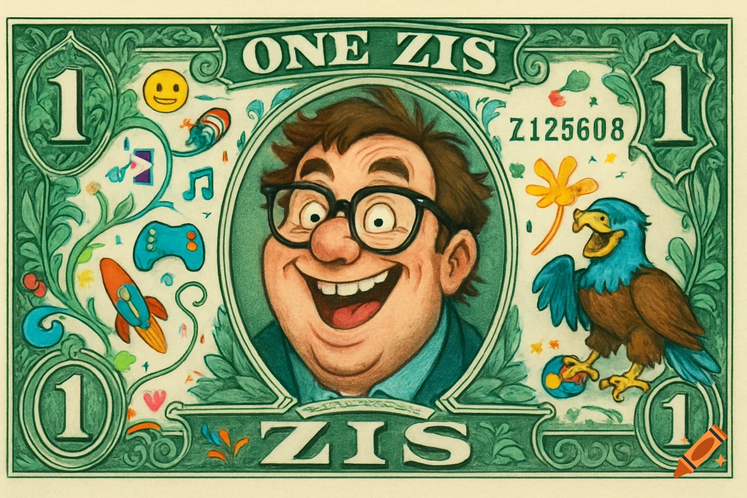 A green, cartoon-style banknote featuring a smiling man in glasses, a blue and brown bird, and various symbols, labeled 'ONE ZIS' and '1'.