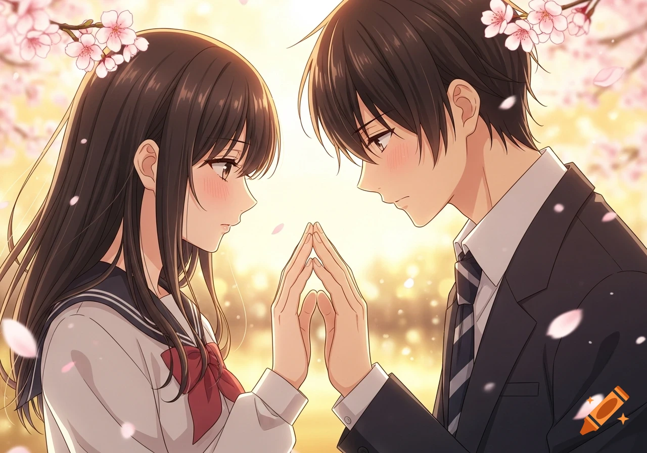 Anime illustration of a shy man and woman with blushing cheeks, hands almost touching, surrounded by golden light and falling cherry blossoms.