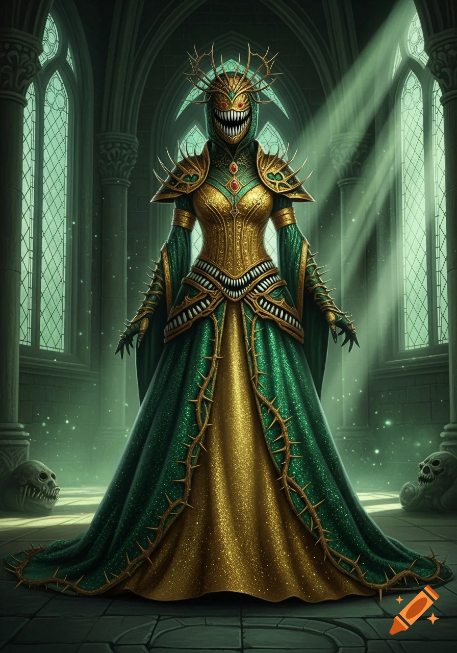 A monstrous fantasy character in a sparkling emerald and gold medieval gown adorned with thorns and teeth, standing in a gothic cathedral.