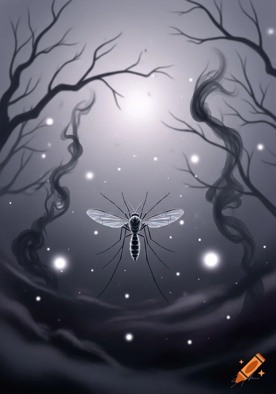 A mosquito with glowing wings floats in a dark, eerie forest scene with bare branches, smoky tendrils, and scattered light orbs, in a dark fantasy art style.