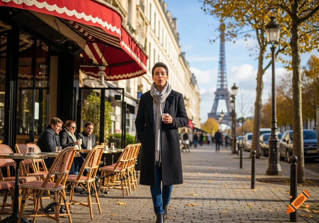 A woman in a black coat and gray scarf walks on a cobblestone street in Paris, holding a cup, with a cafe and the Eiffel Tower in the background.
