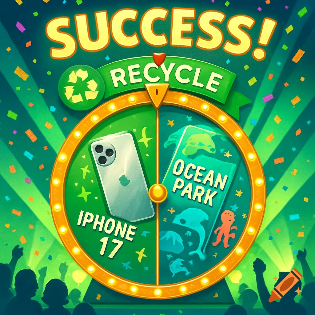 Vibrant game show wheel with iPhone 17 and Ocean Park ticket prizes, 'SUCCESS!' and 'RECYCLE' text, and a cheering crowd.