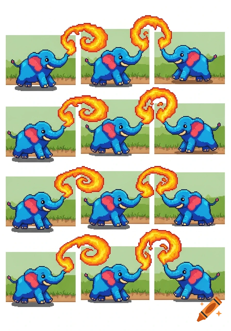 Pixel art sprite sheet of a blue elephant with pink ears blowing orange and yellow flames from its trunk.