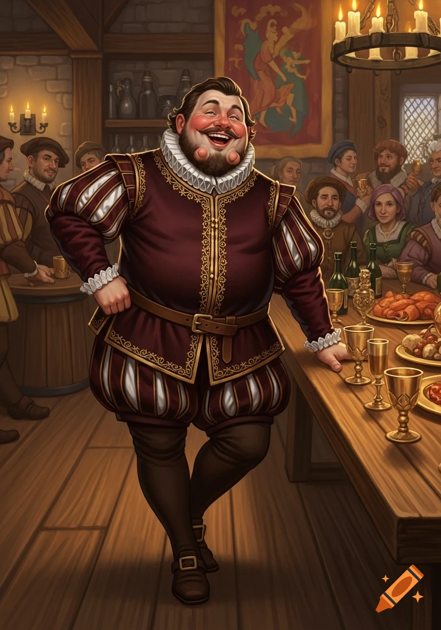 A jovial, portly man in 16th-century attire laughs in a candlelit tavern, surrounded by people and a feast.