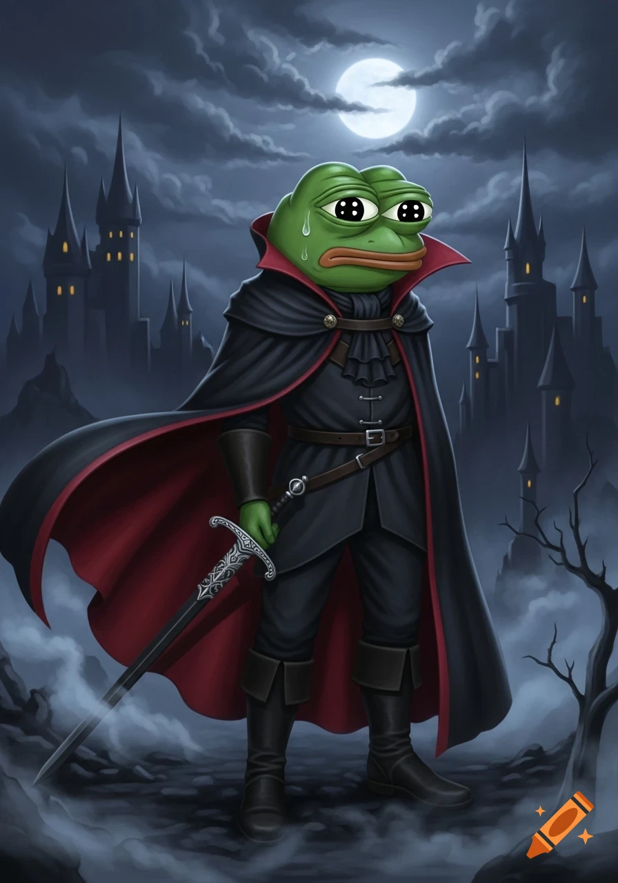 Melancholic Pepe the frog dressed as a vampire hunter in a black and red cape, holding a sword outside a spooky castle under a full moon.