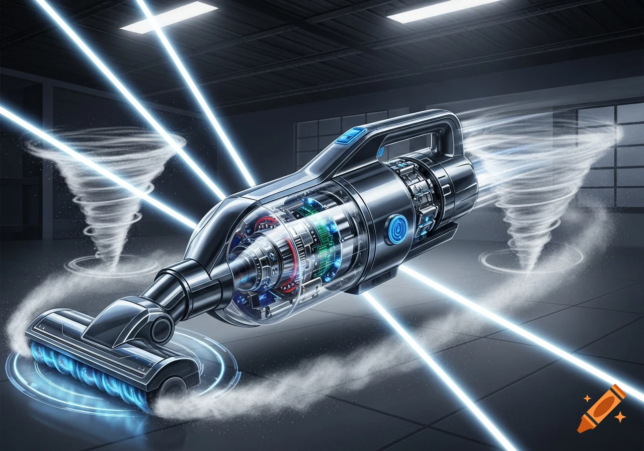 Futuristic metallic and transparent vacuum cleaner with glowing blue accents, light beams, and dust tornadoes in a dark space.