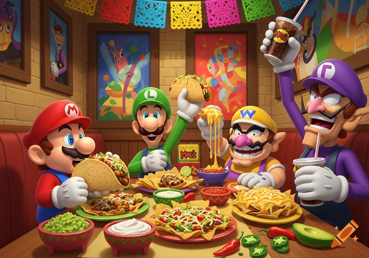 Mario, Luigi, Wario, and Waluigi happily eating tacos and nachos at a Moe's Southwest Grill restaurant, decorated with papel picado.