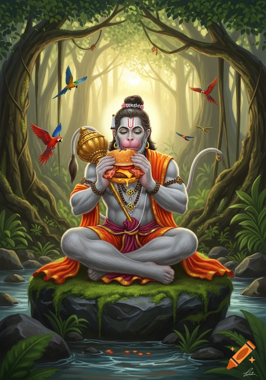 A vibrant illustration of Hanuman, the monkey god, sitting cross-legged on a mossy rock in a lush forest, eating a bacon cheeseburger. Parrots fly around him.