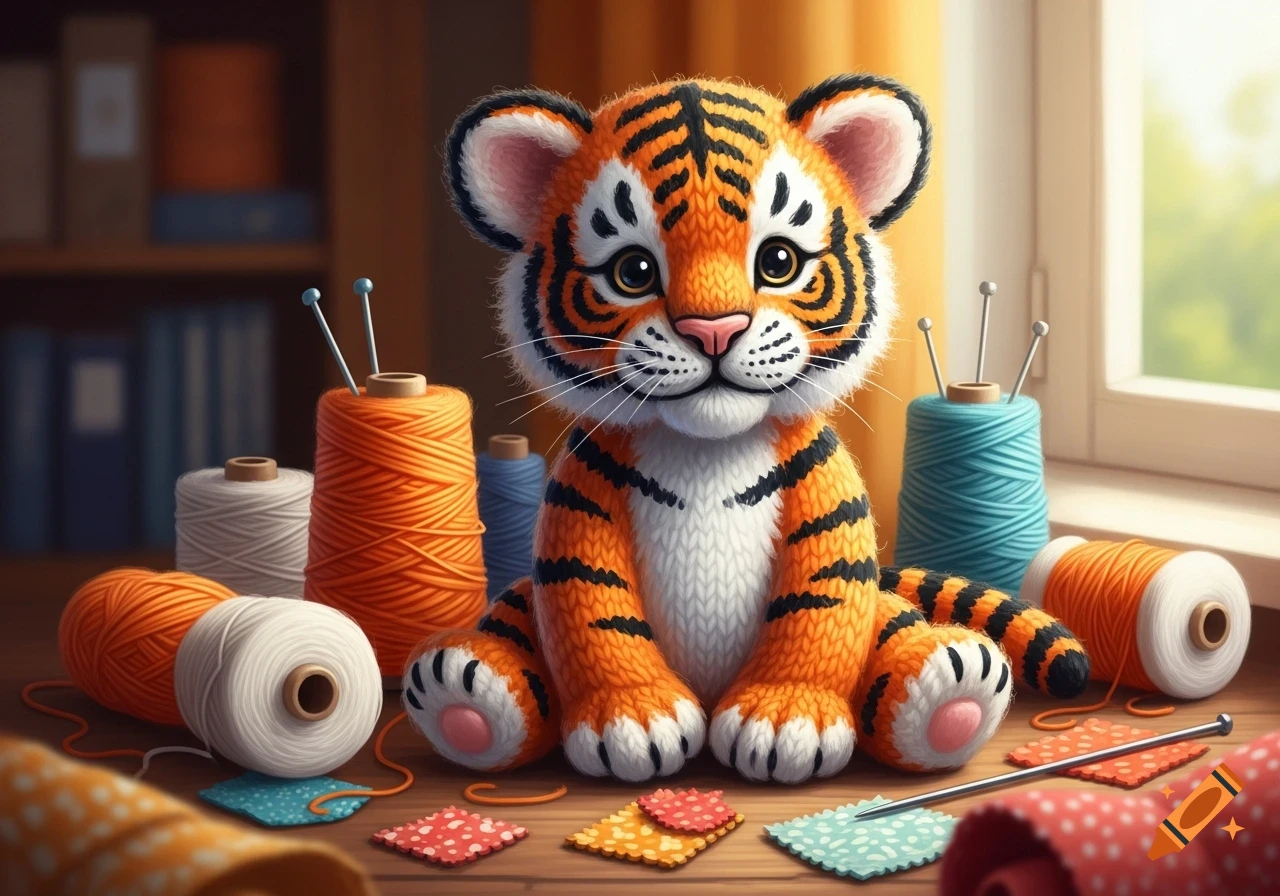 A cute knitted tiger cub sits among colorful yarn spools, knitting needles, and fabric scraps on a wooden table.