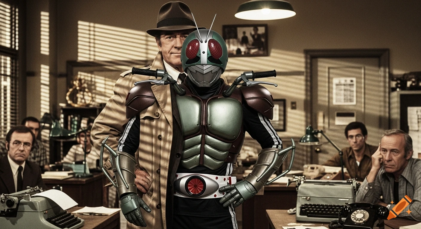 A man in a trench coat and fedora stands behind a Kamen Rider in a vintage office, styled as a TV screengrab.