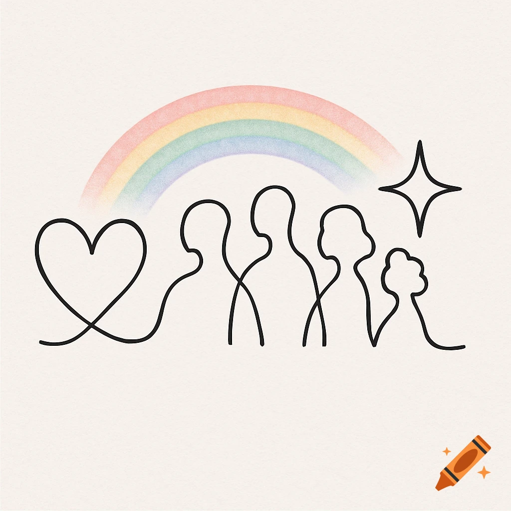 Minimalist continuous line art illustration of a heart, four abstract figures, and a star under a watercolor rainbow.