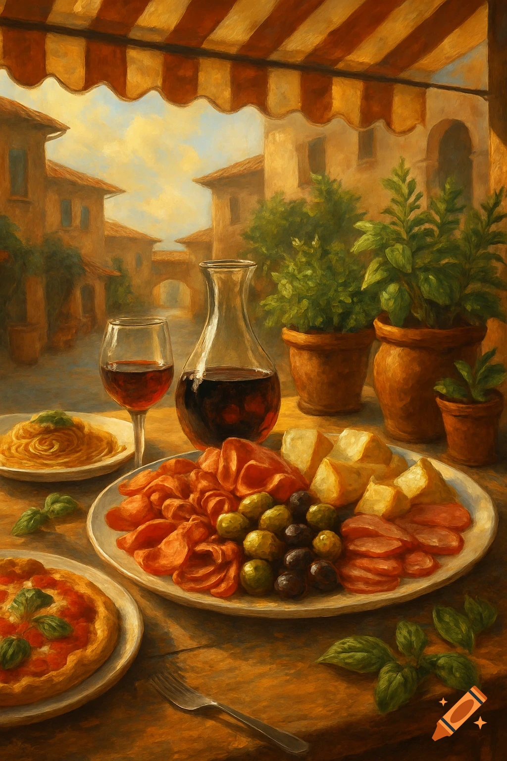 Oil painting of an Italian meal with pizza, pasta, charcuterie, and wine on an outdoor table in a sunny village setting.