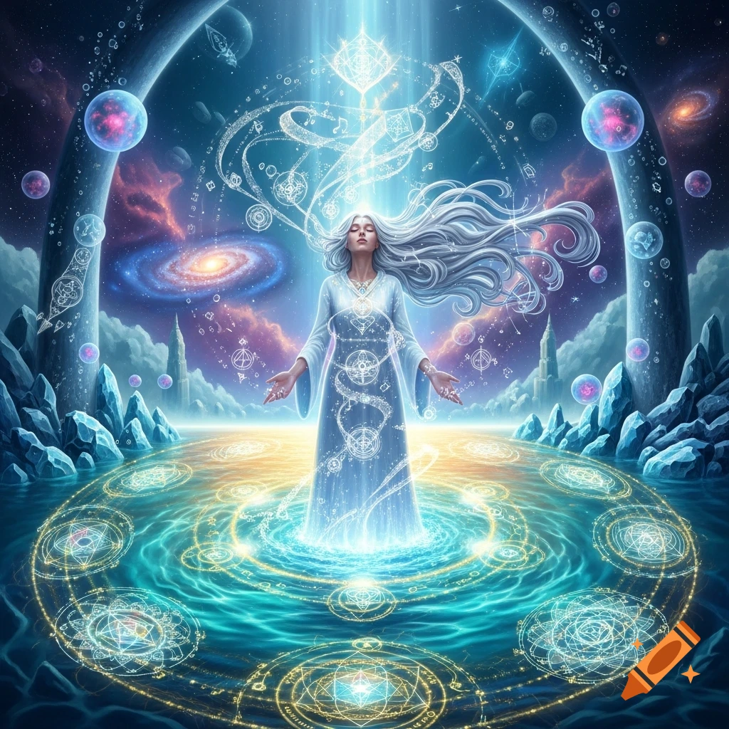 Luminous Divine Mother figure with long silver hair in a cosmic water sanctuary, surrounded by glowing sacred geometry and nebulae.