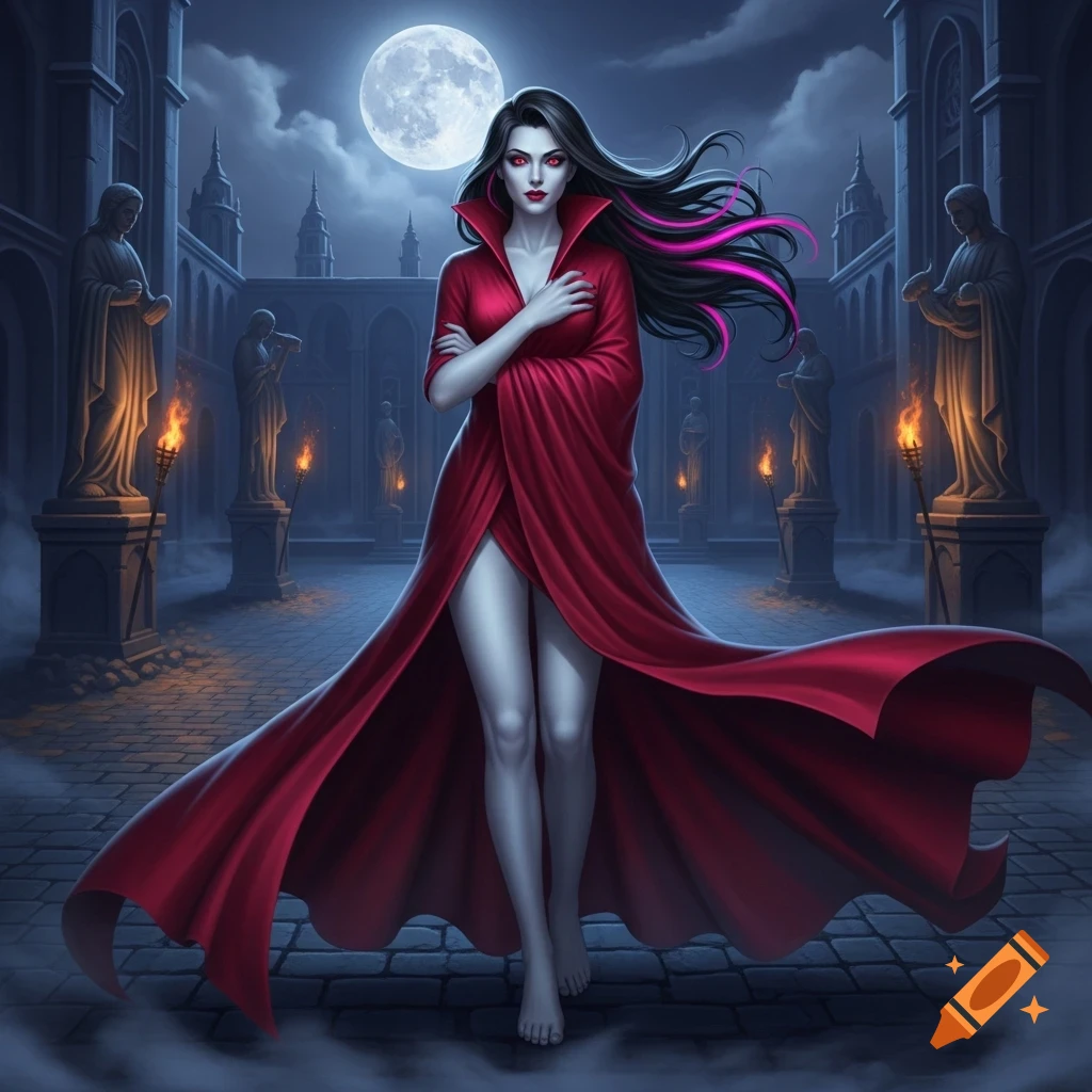 A pale woman with black and pink hair and red eyes, wearing a flowing red dress, stands barefoot in a gothic courtyard under a full moon.
