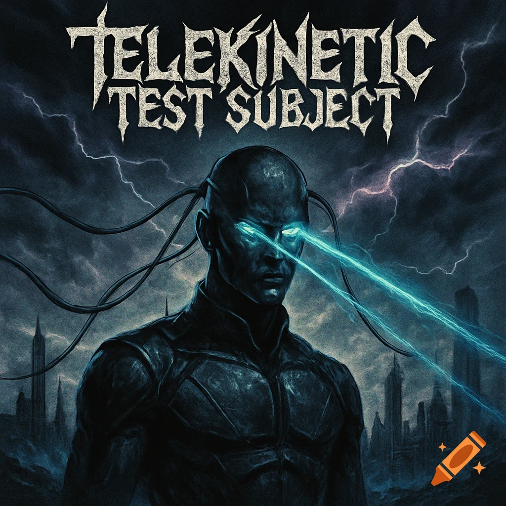 A bald man with glowing blue laser eyes and head wires stands before a stormy, futuristic city with lightning, in a dark sci-fi illustration. Text: TELEKINETIC TEST SUBJECT.