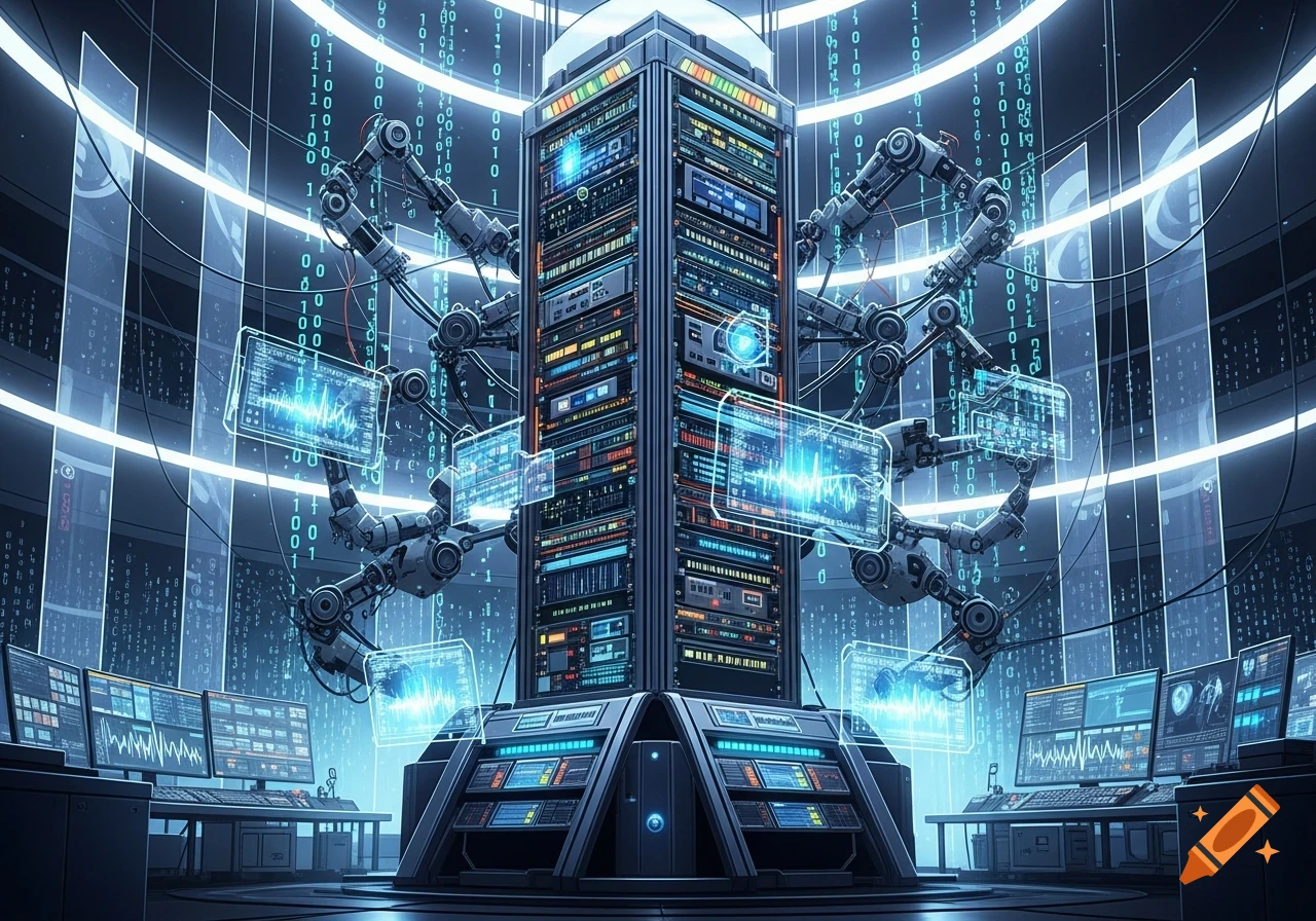 A futuristic server room with a central server rack, robotic arms, glowing screens displaying data, and binary code falling in the background.