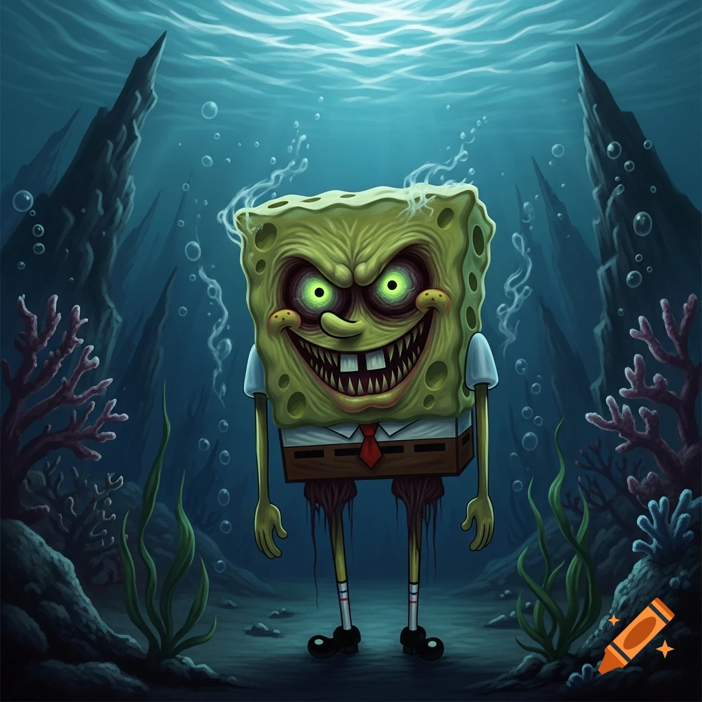 A distorted, scary Spongebob with glowing green eyes and sharp teeth stands underwater in a dark, horror style.