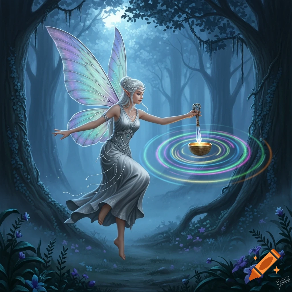 A white-haired fairy in a mystical forest touches a glowing singing bowl with a key-shaped wand, creating colorful light ripples.