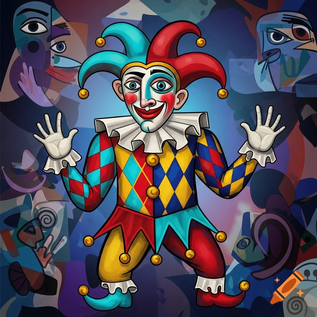 A colorful, stylized jester with a painted face and a diamond-patterned suit, set against an abstract Picasso-esque background.