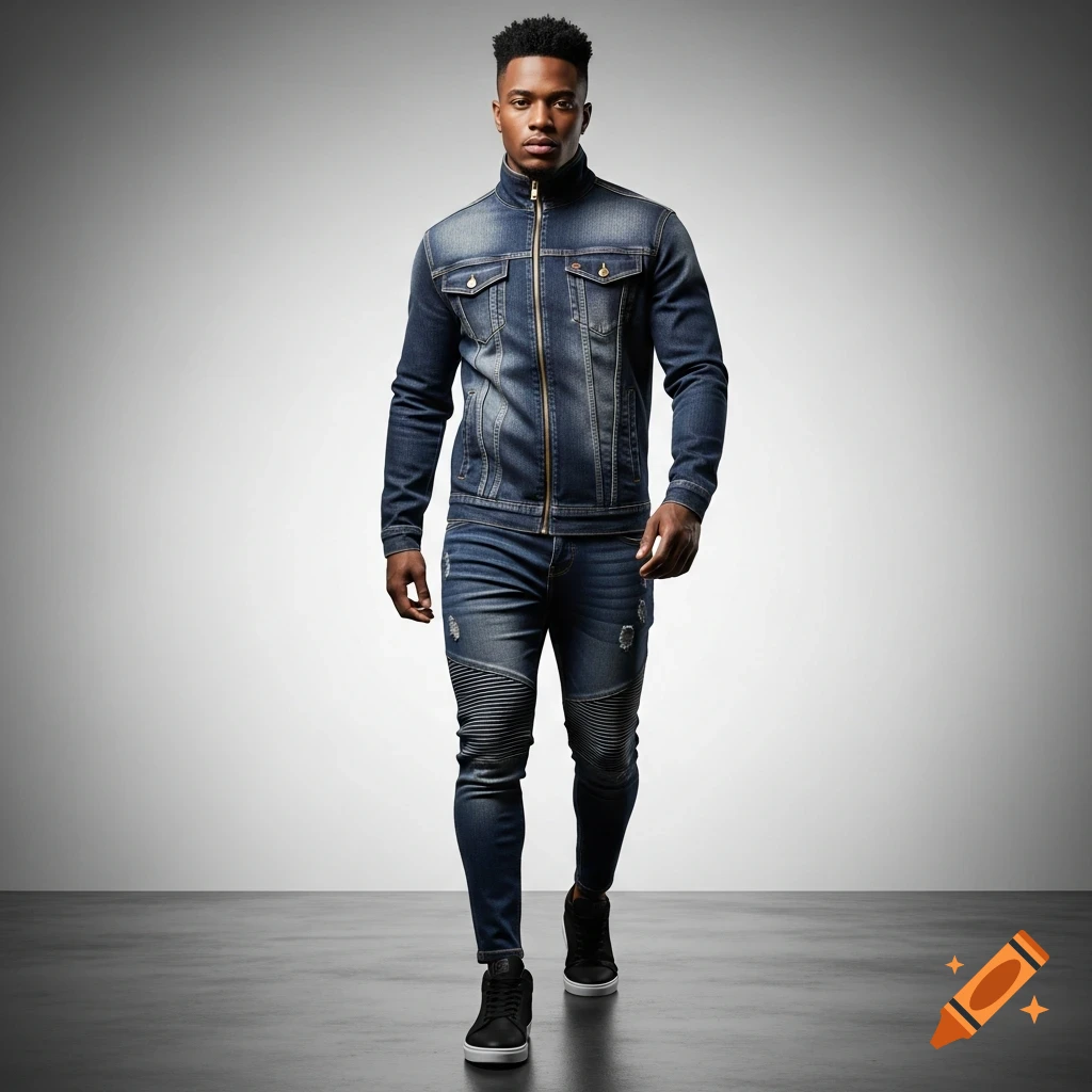 A stylish man in a full denim tracksuit and black sneakers walks towards the viewer in a studio.