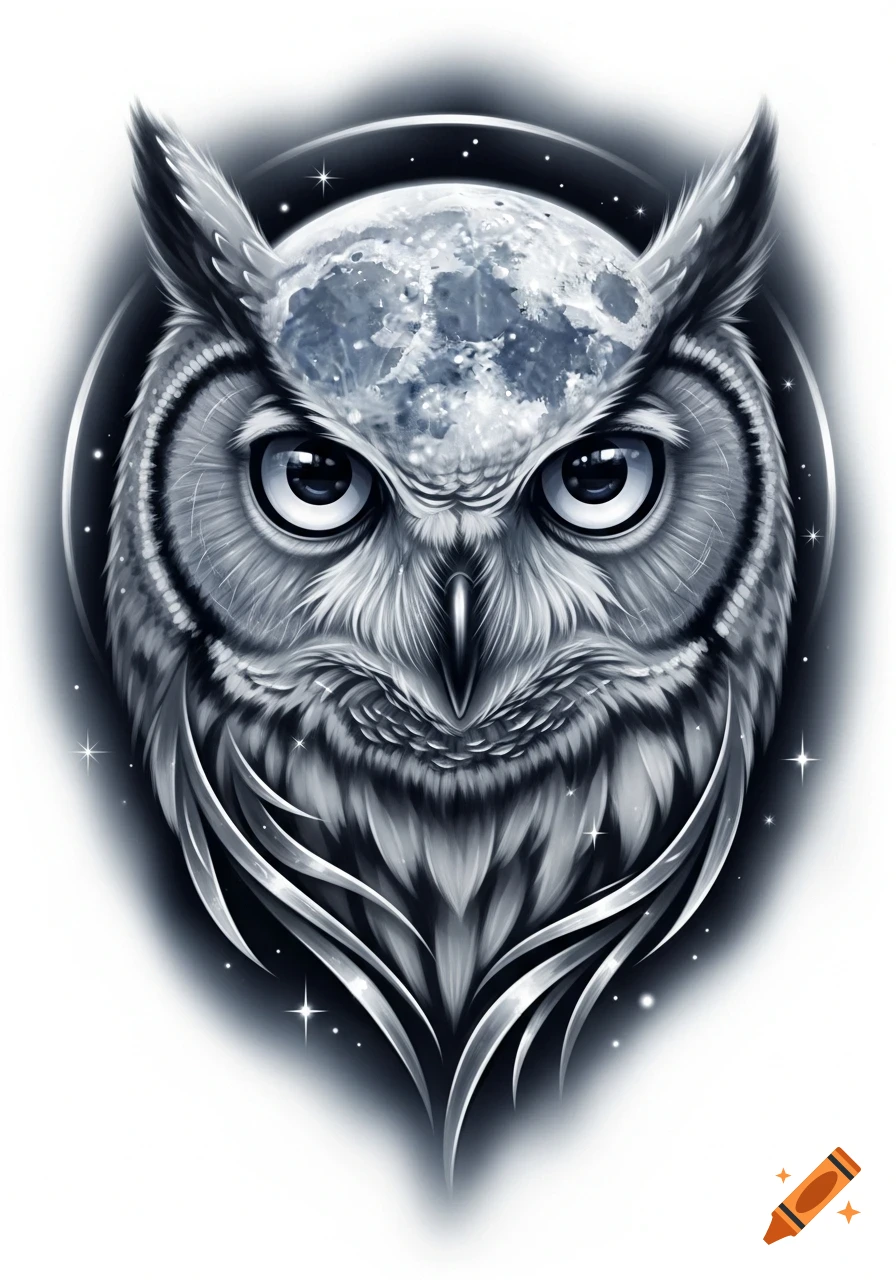A detailed, stylized gray owl face illustration with a full moon on its forehead and stars, resembling a tattoo.